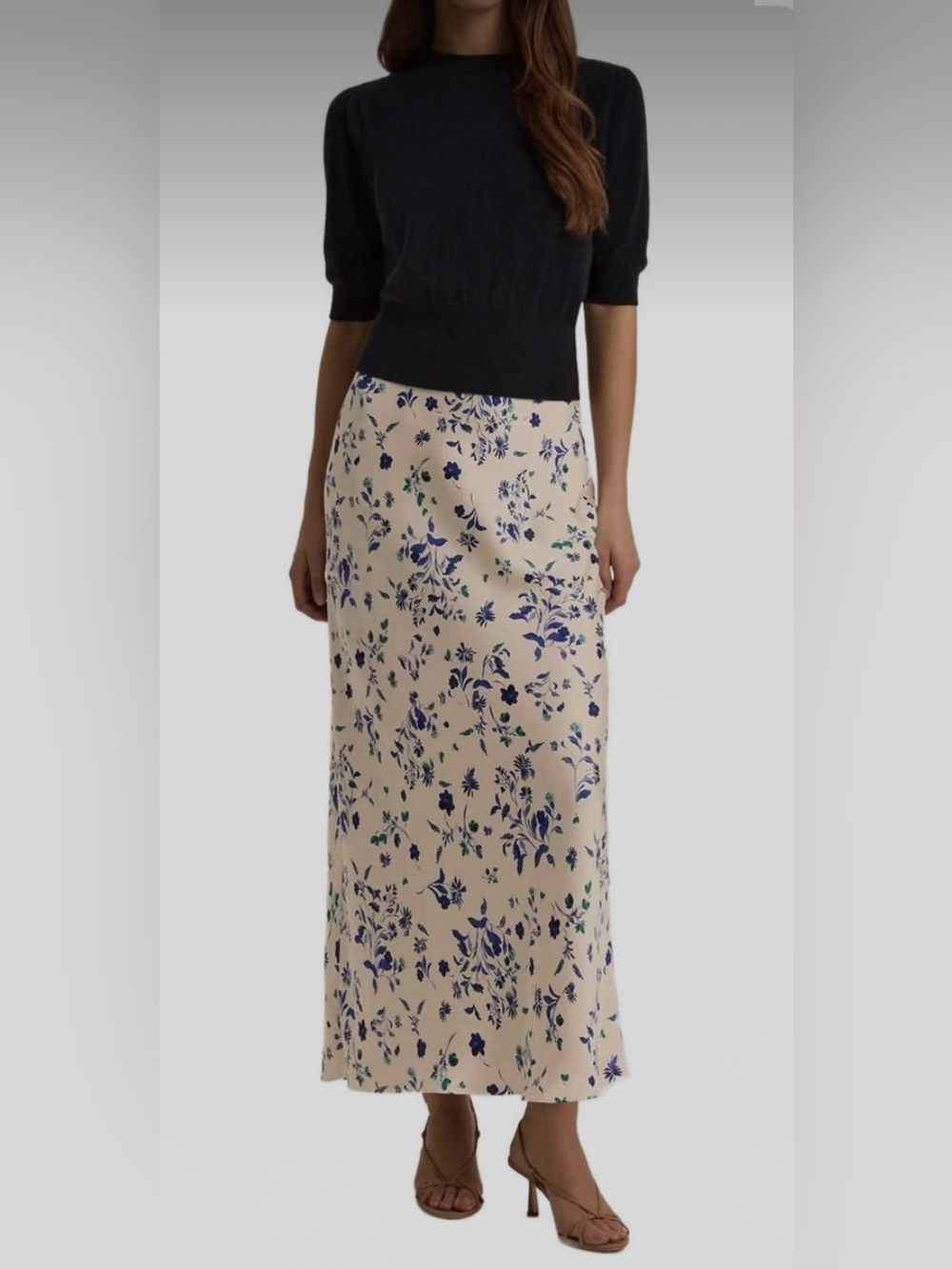 Elie Tahari Cream Maxi Skirt with Blue Floral Print